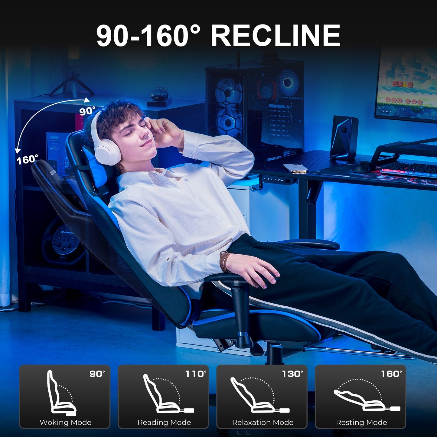 GTRACING Gaming Chair Office Chair PU Leather with Footrest&Adjustable Headrest-099NAF-WMT