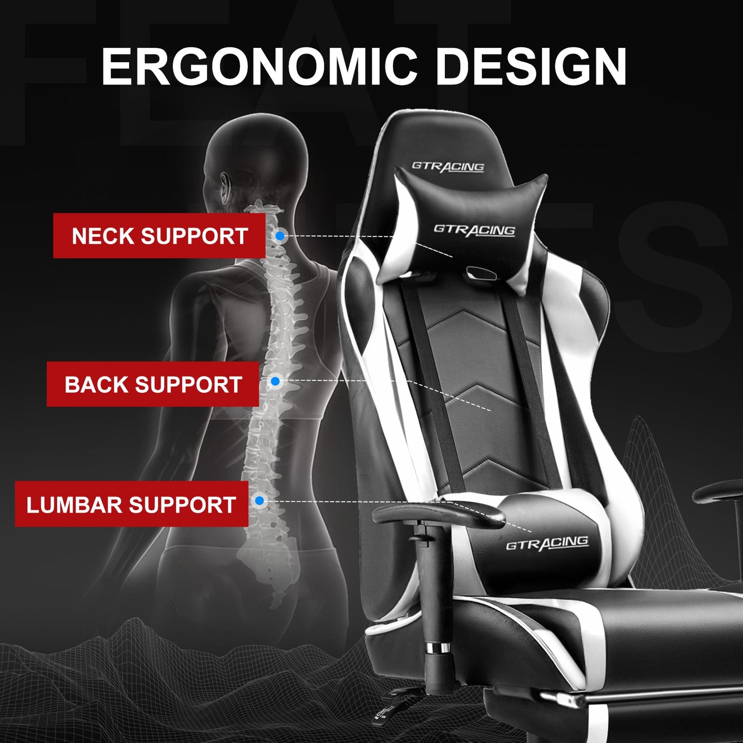 GTRACING Gaming Chair Office Chair PU Leather with Footrest&Adjustable Headrest-099NAF-WMT