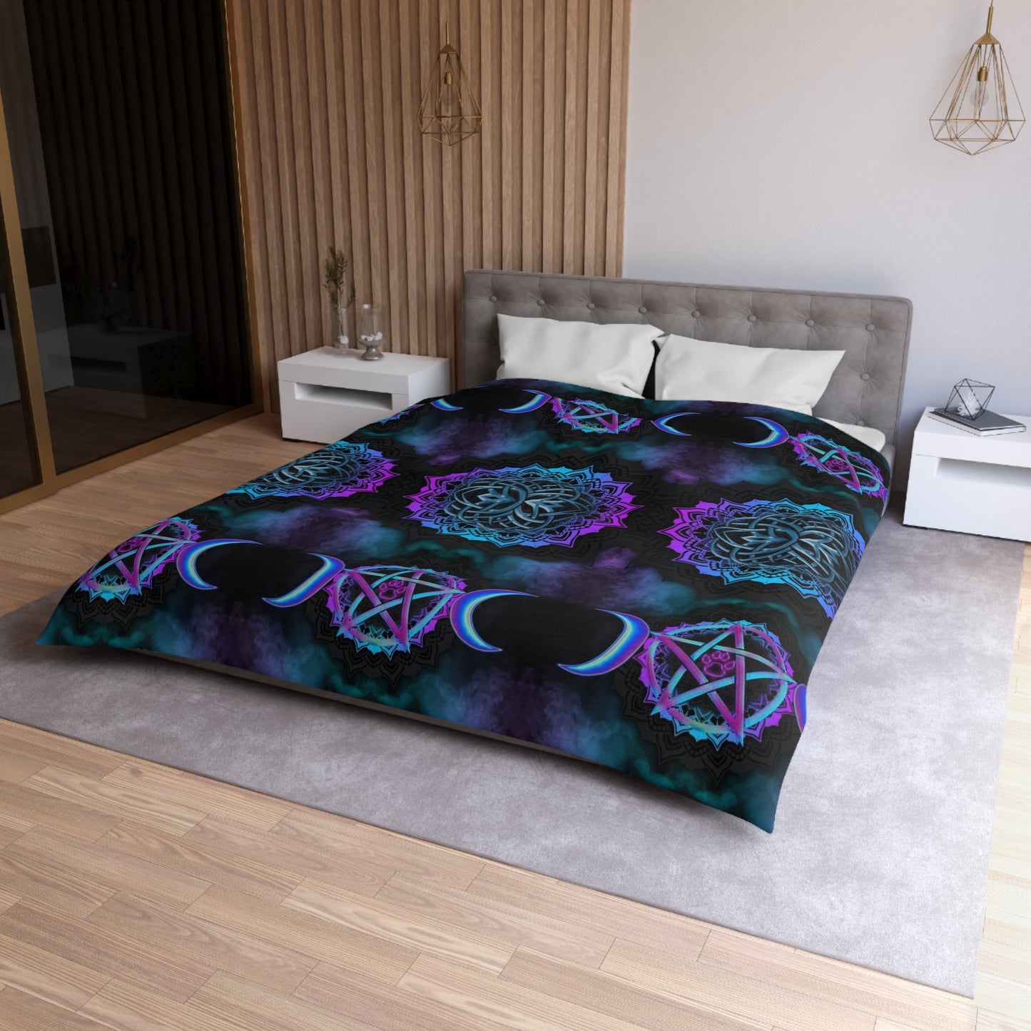 Mystical Dreamscape Microfiber Duvet Cover, Bohemian Bedding, Celestial Decor, Moon and Mandala Design, Witchy Home Accents, Cozy Bedroom
