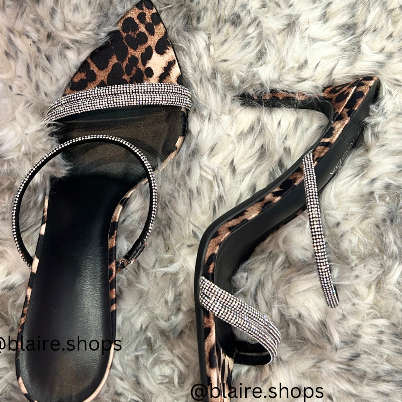 Leopardesse Leopard Print Pointy Toe Stiletto Rhinestone Slides