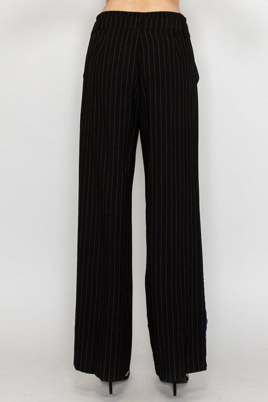 Luxurious Wide-Leg Striped Pants with Contrast Trim and Relaxed Double-Waistband Design