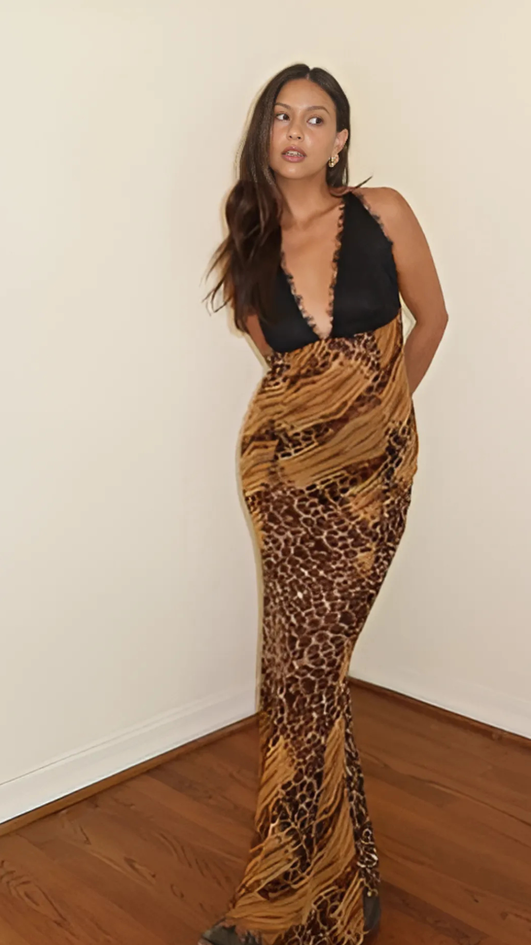 Maci Leopard Sheer Maxi Halter Dress