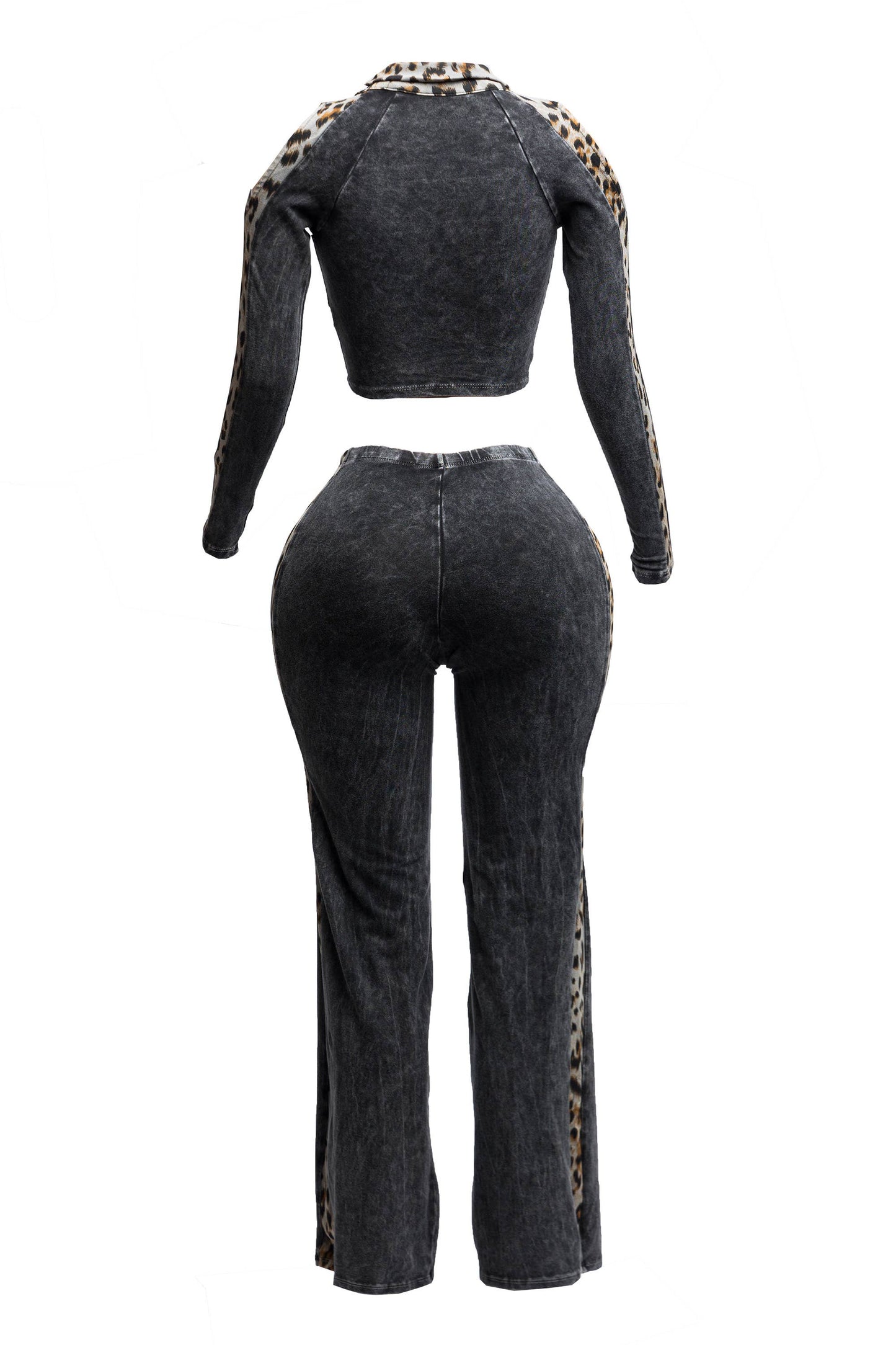 Maya Leopard Detail Curvy Plus Size Mineral washed Crop Top & Pants set