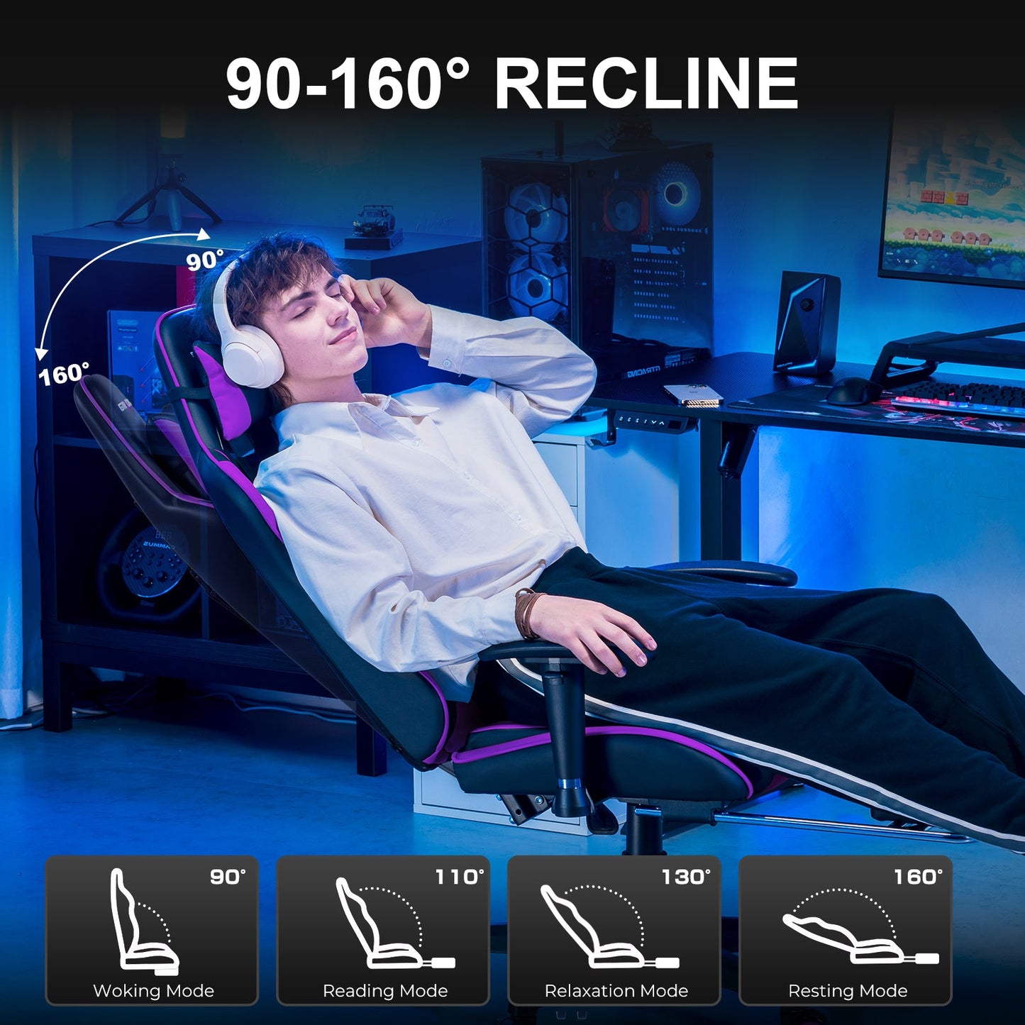 GTRACING Gaming Chair Office Chair PU Leather with Footrest&Adjustable Headrest-099NAF-WMT