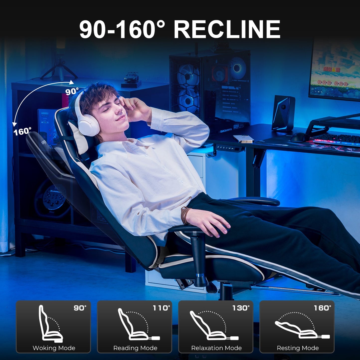 GTRACING Gaming Chair Office Chair PU Leather with Footrest&Adjustable Headrest-099NAF-WMT