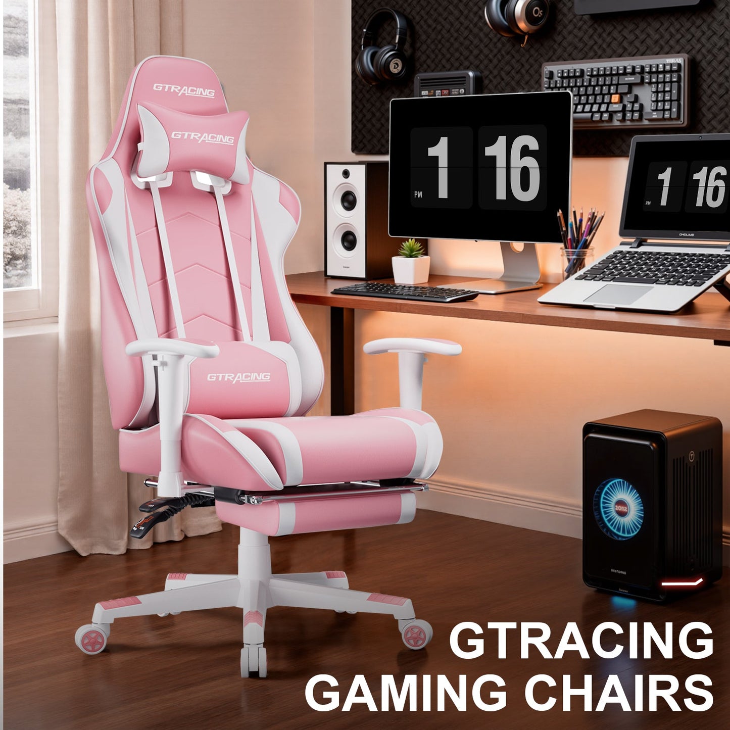 GTRACING Gaming Chair Office Chair PU Leather with Footrest&Adjustable Headrest-099NAF-WMT