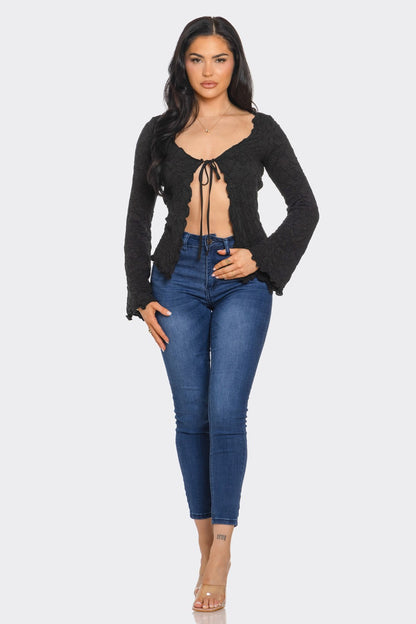JAYLA TEXTURED LONG SLEEVE TIE FRONT CARDAGIAN