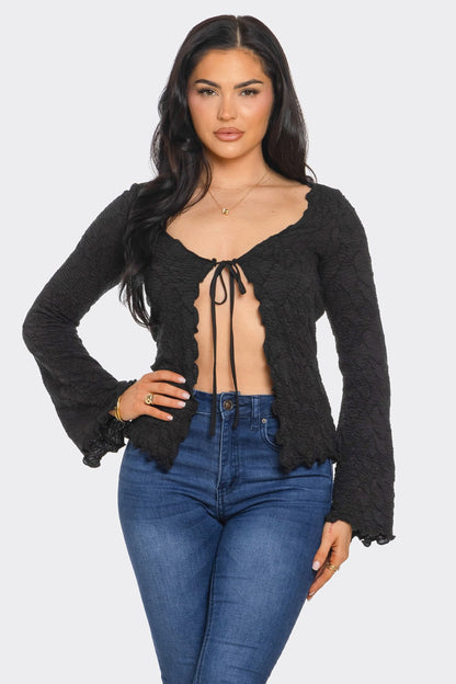 JAYLA TEXTURED LONG SLEEVE TIE FRONT CARDAGIAN