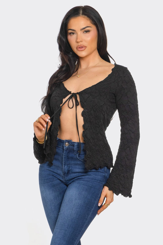 JAYLA TEXTURED LONG SLEEVE TIE FRONT CARDAGIAN