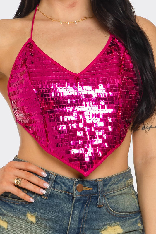 Skylar Sequin Open Back Top - Stylish Halter Neck Design for Stunning Evening Looks