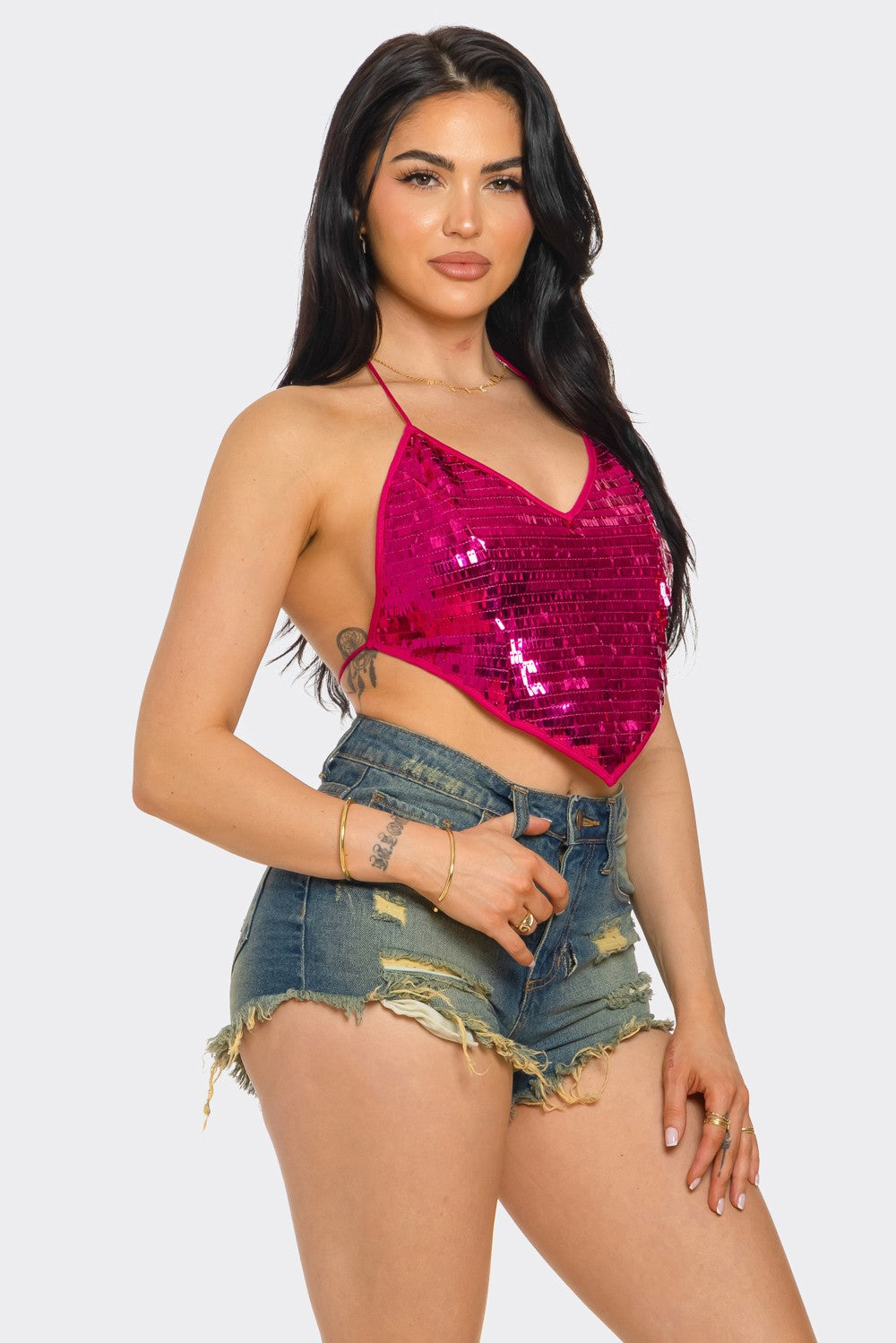 Skylar Sequin Open Back Top - Stylish Halter Neck Design for Stunning Evening Looks