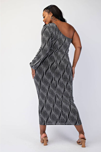 SABRINA PLUS SIZE GLITTER KNIT ONE SHOULDER DRESS WITH CUTOUT