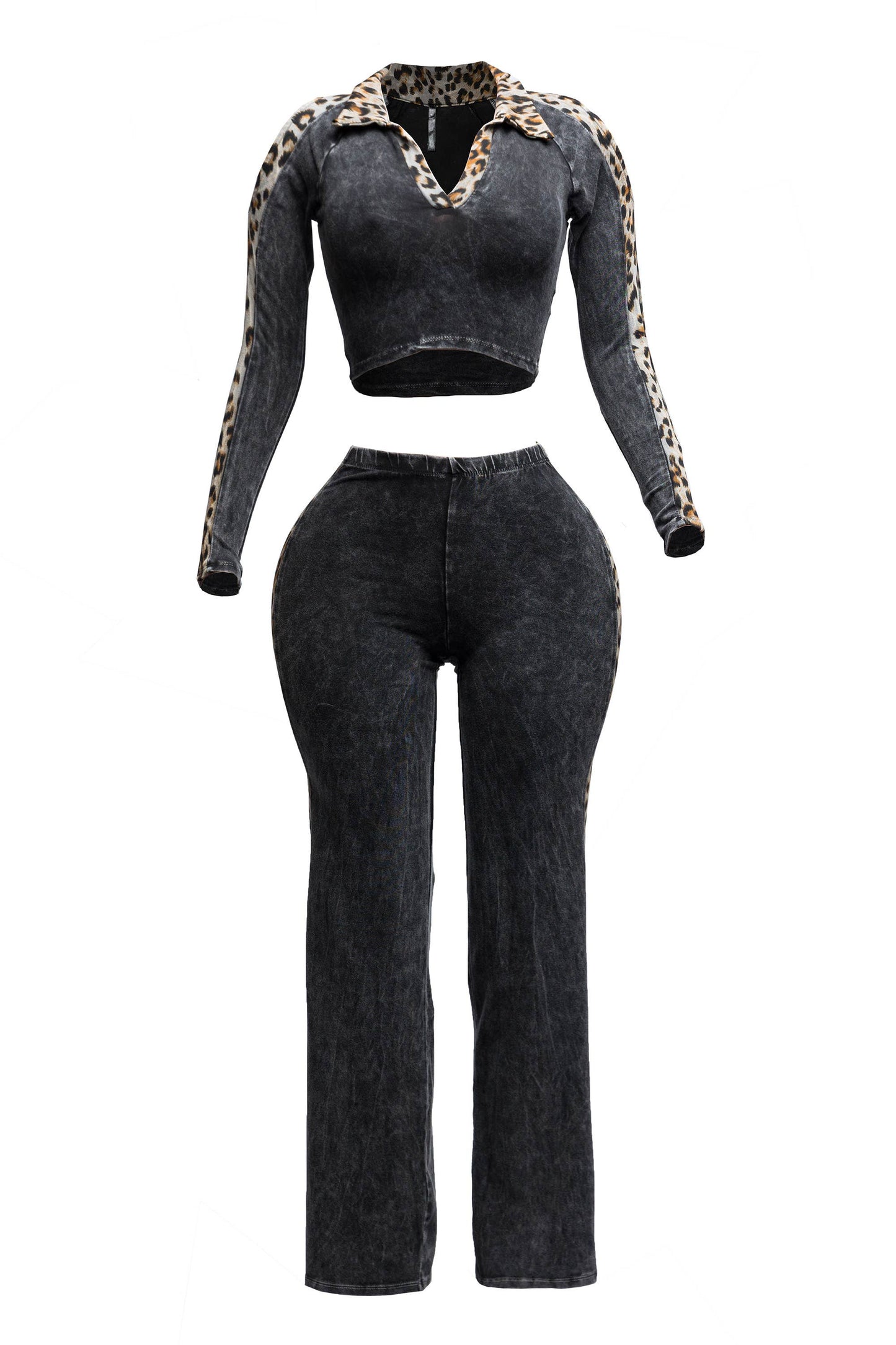 Maya Leopard Detail Curvy Plus Size Mineral washed Crop Top & Pants set
