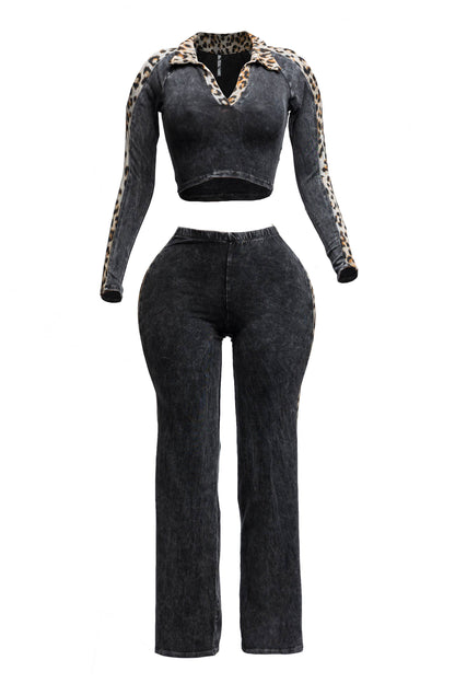 Maya Leopard Detail Curvy Plus Size Mineral washed Crop Top & Pants set