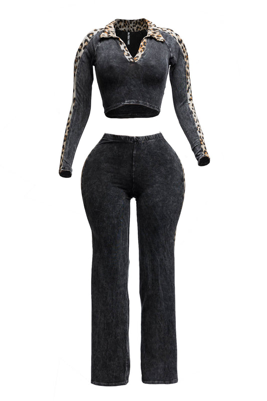 Maya Leopard Detail Curvy Plus Size Mineral washed Crop Top & Pants set