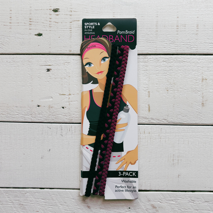 3 Pack Single Pom Braid Burgundy Black | Nylon Headband Hair Accessory