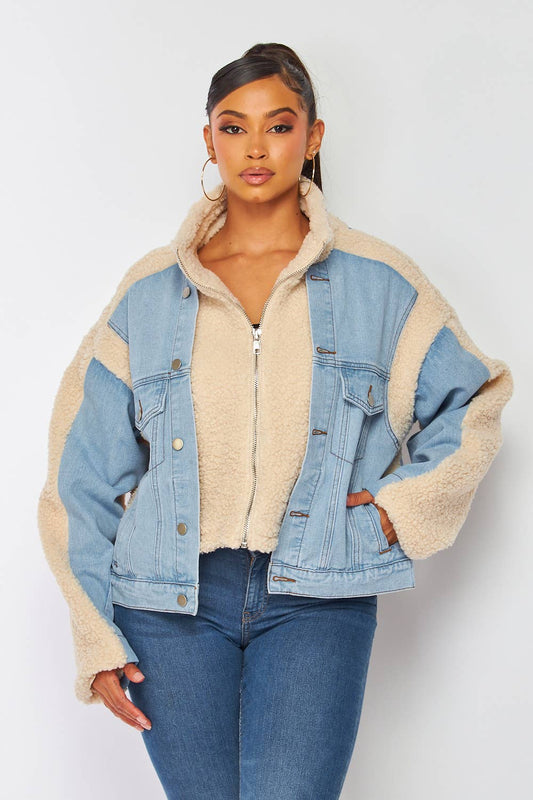 Elevate Your Style with Christina's Fleece Denim Jacket – Luxe Contrast Design & Oversized Fit