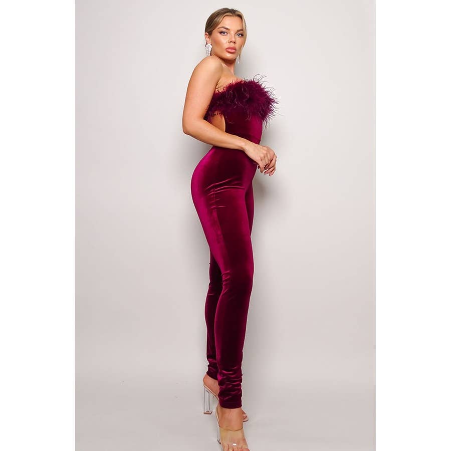 JOSYLN FEATHER VELVET  STRAPLESS JUMPSUIT