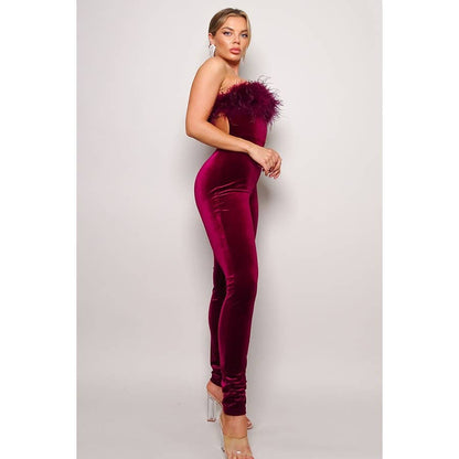 JOSYLN FEATHER VELVET  STRAPLESS JUMPSUIT