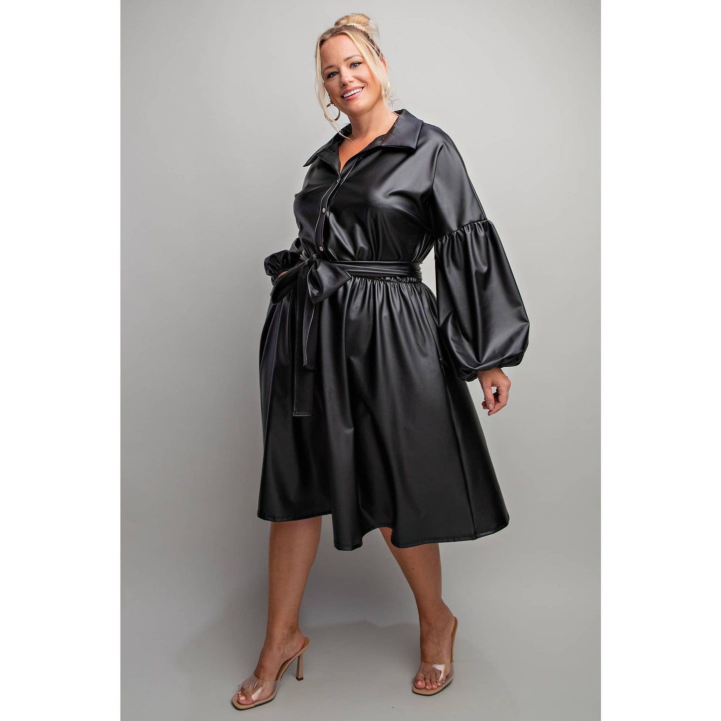 VICTORIA PLUS SIZE FAUX LEATHER BUTTON FRONT FIT FLARE DRESS