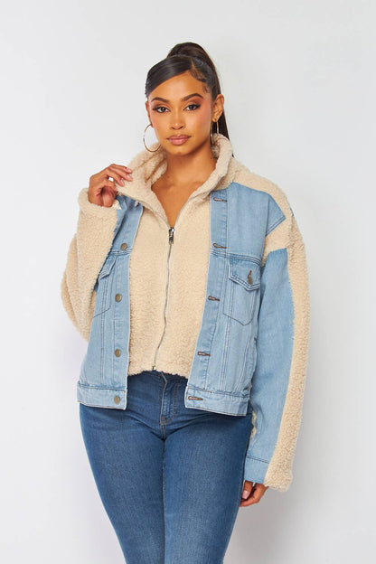 Elevate Your Style with Christina's Fleece Denim Jacket – Luxe Contrast Design & Oversized Fit