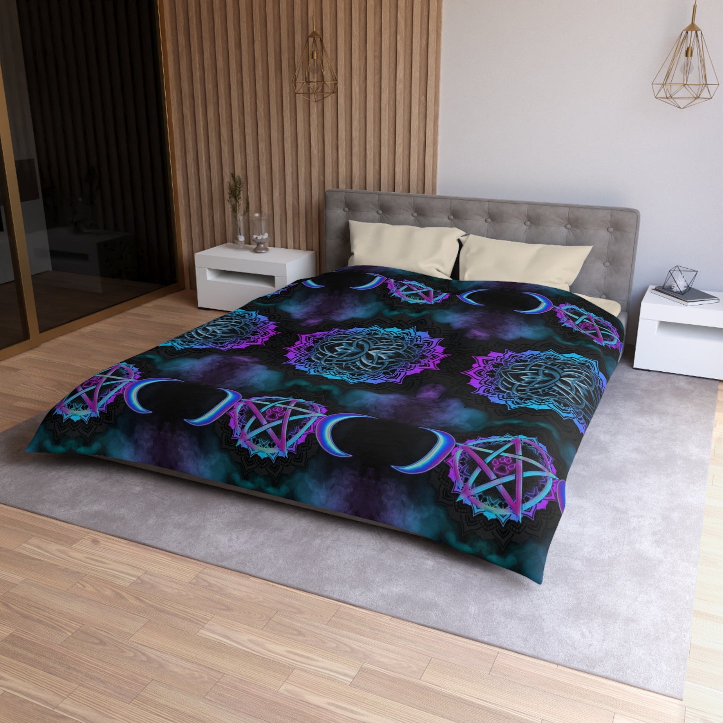 Mystical Dreamscape Microfiber Duvet Cover, Bohemian Bedding, Celestial Decor, Moon and Mandala Design, Witchy Home Accents, Cozy Bedroom