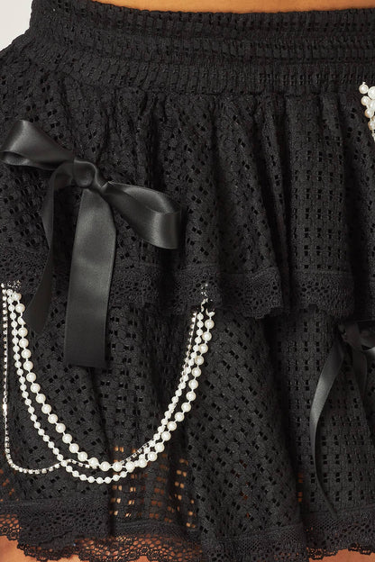 Dream Tender Love Pearl & Ribbon Trim Tiered Coquette Style Lace Skirt