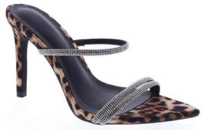 Leopardesse Leopard Print  Pointy Toe Stiletto Rhinestone Slides