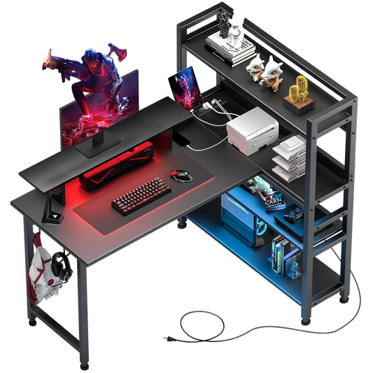 L-Shaped LED Gaming Desk with Monitor Stand