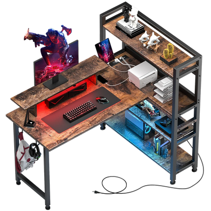 L-Shaped LED Gaming Desk with Monitor Stand