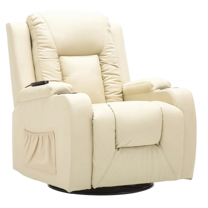 COMHOMA Recliner Chair, PU Rocking Chair for Adults, Swivel Recliner with Cup Holders, Heat and Massage, Single Sofa Seat with Side Pockets for Living Room, Bedroom (Black)