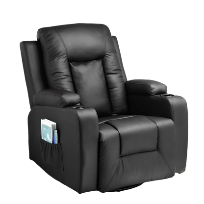 COMHOMA Recliner Chair, PU Rocking Chair for Adults, Swivel Recliner with Cup Holders, Heat and Massage, Single Sofa Seat with Side Pockets for Living Room, Bedroom (Black)