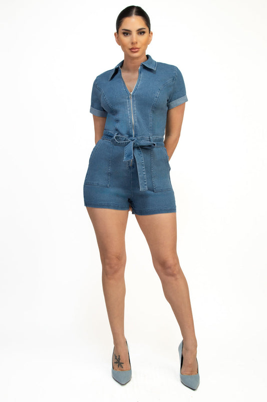 Denim Self-Tie Stretch Romper