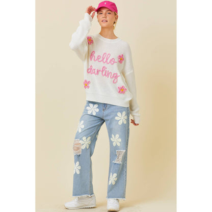 Hello Darling Flower Trim Sweater | Comfy Vintage Knit Sweatshirt [Sizes SM-L]