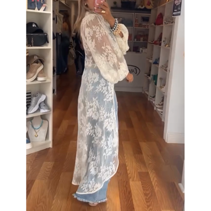 High-Low Bohemia Floral Sheer Lace Duster Blouse [Sizes S-L]