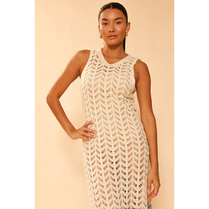 Miss Sparkling Cream Open Knit Color Block Cover Up | Long Swimsuit Summer Attire [Sizes M-XL]