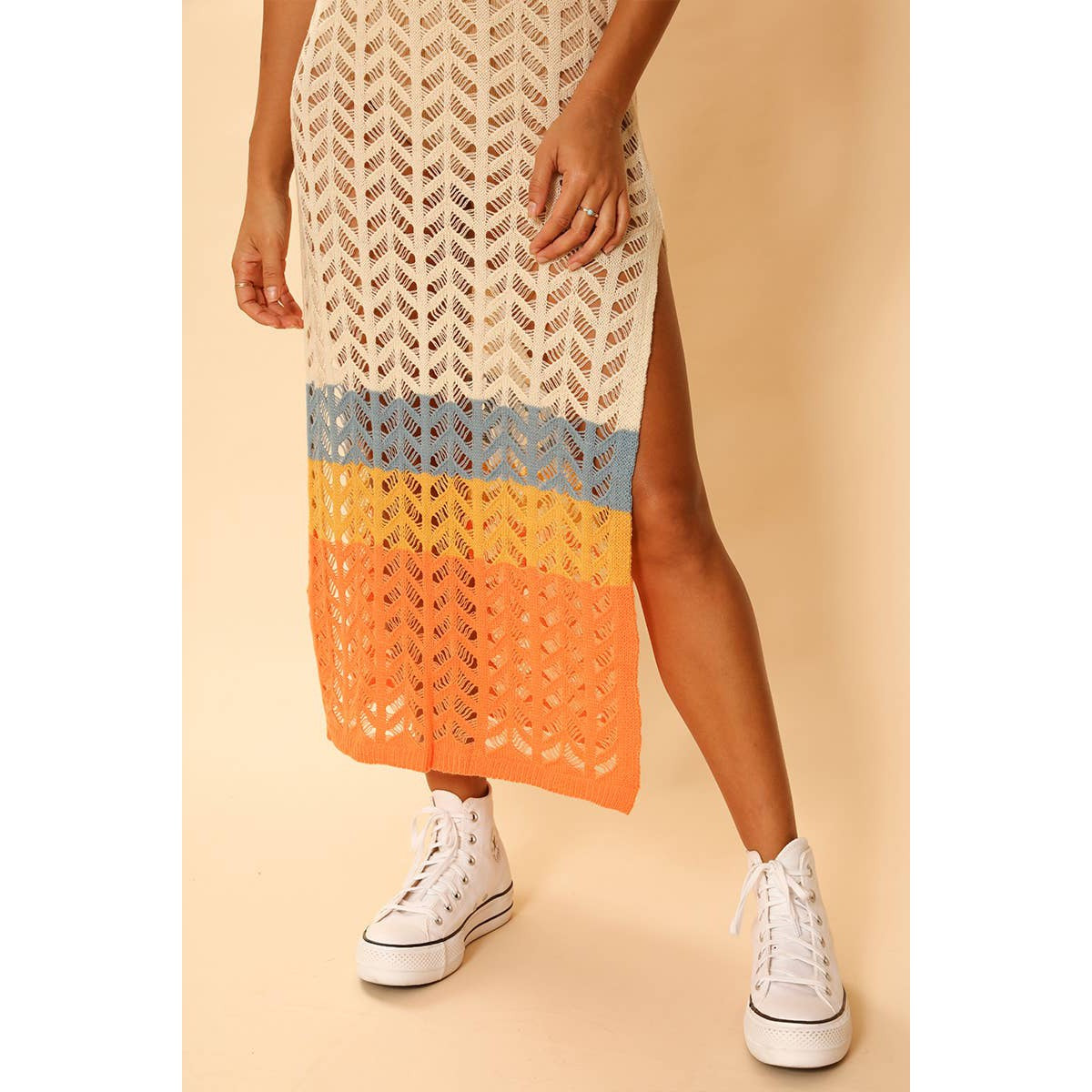 Miss Sparkling Cream Open Knit Color Block Cover Up | Long Swimsuit Summer Attire [Sizes M-XL]