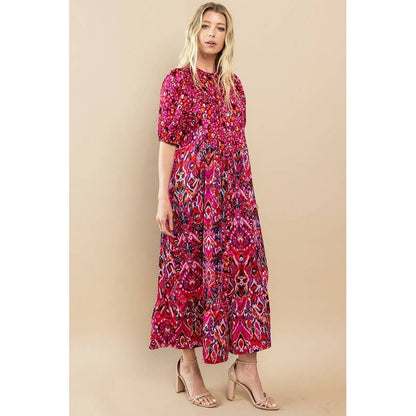 Printed Ruffle Hem Short Sleeve Midi Dress in Red [Size SM-L]
