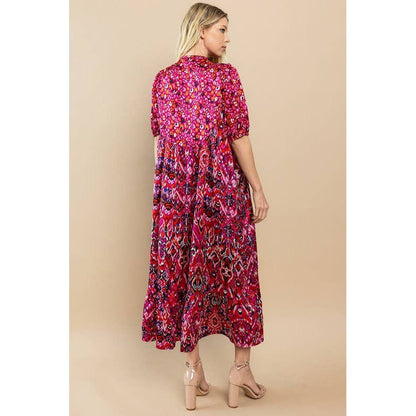 Printed Ruffle Hem Short Sleeve Midi Dress in Red [Size SM-L]