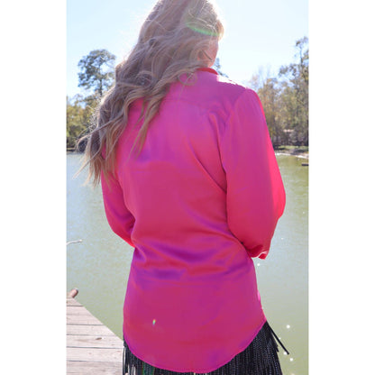 [Size 1X-3X] Dolly Duo Satin Button Up Blouse w/ Rhinestones | Western Cowgirl Plus Size Shirt