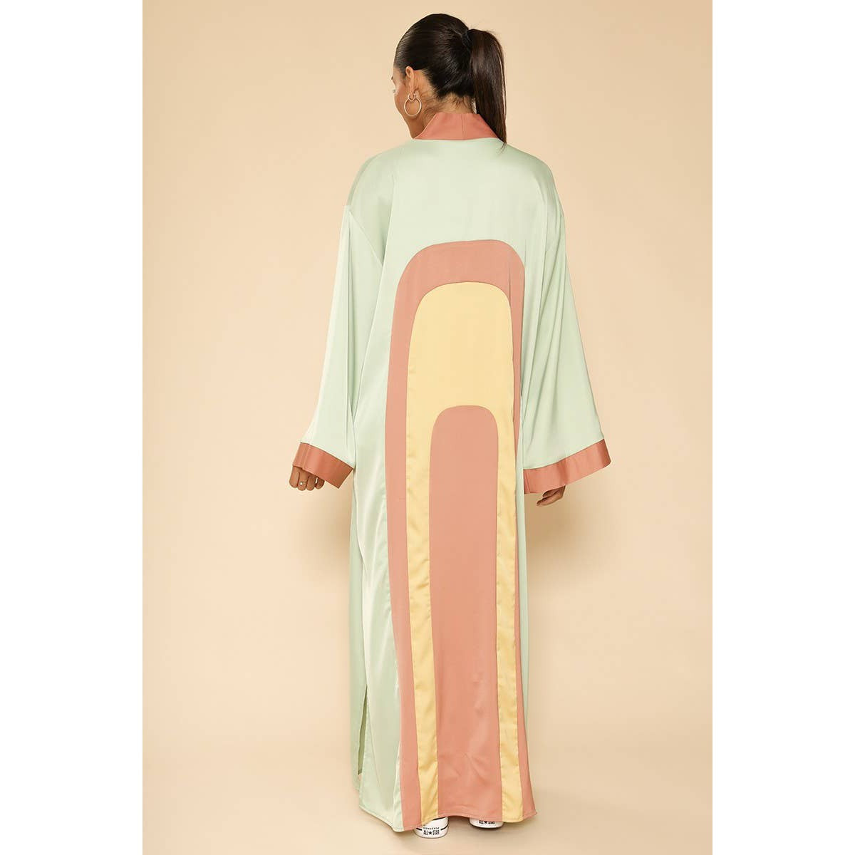 [Size L Remaining] Miss Sparkling Retro Arch Kimono Big Long Textured Satin Duster | Light Jacket, Outdoor Robe, Swimsuit Coverup | Sizes SM-XL