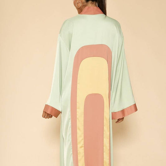 [Size L Remaining] Miss Sparkling Retro Arch Kimono Big Long Textured Satin Duster | Light Jacket, Outdoor Robe, Swimsuit Coverup | Sizes SM-XL