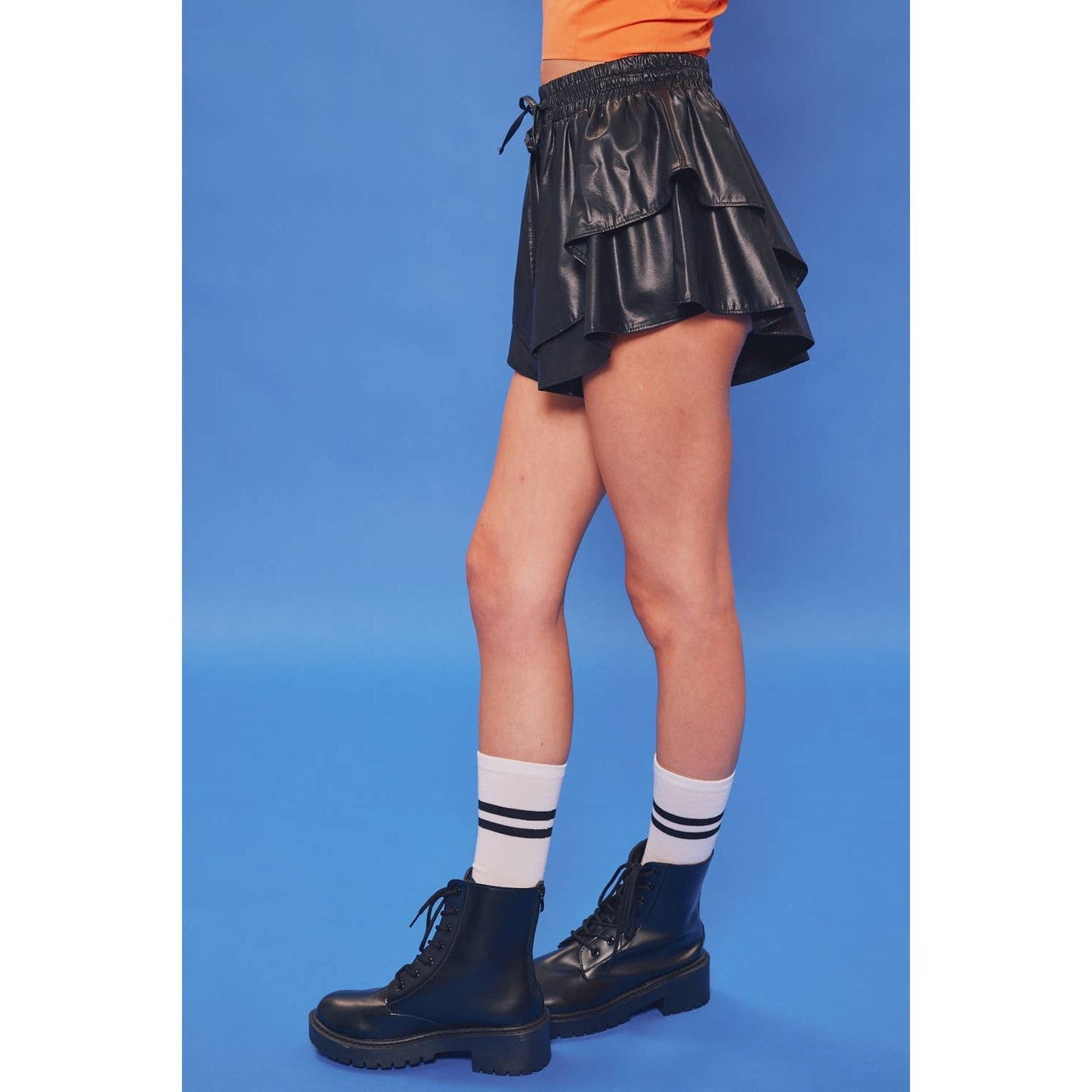 [Size S-L] Drawstring Waisted Tiered Ruffle Faux Leather Shorts Skort in Black