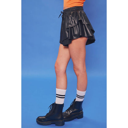 [Size S-L] Drawstring Waisted Tiered Ruffle Faux Leather Shorts Skort in Black