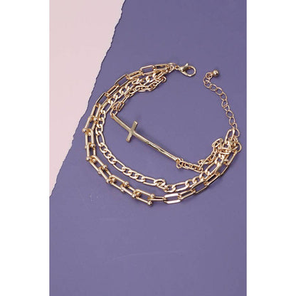 Triple Multi Bracelets with Large Cross Charm Pendant | Gold Tone Fashion Jewelry