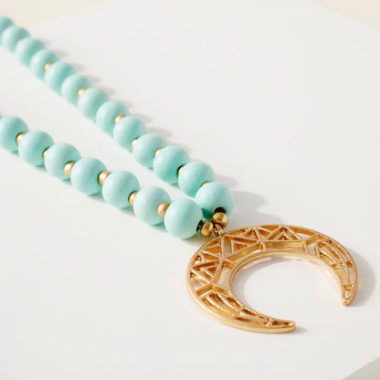 Wood Bead Crescent Pendant Necklace | Ivory or Mint