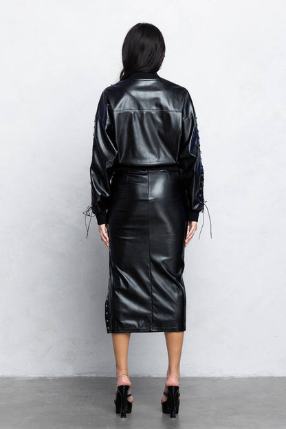 Gianna Lace Up Detail Faux Leather Midi Skirt With Side Slit