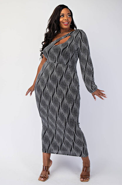 SABRINA PLUS SIZE GLITTER KNIT ONE SHOULDER DRESS WITH CUTOUT