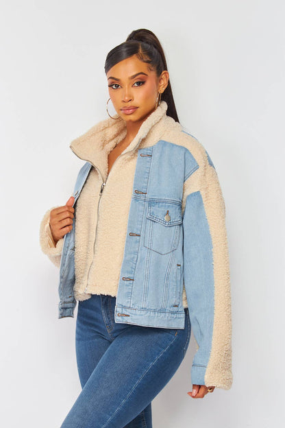 Elevate Your Style with Christina's Fleece Denim Jacket – Luxe Contrast Design & Oversized Fit