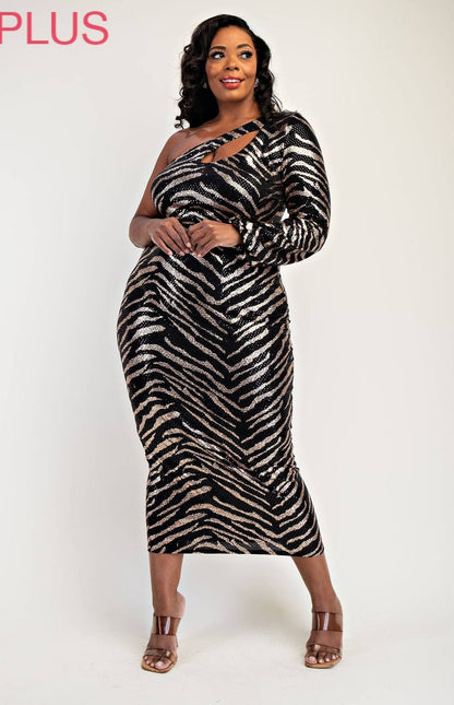 JAYLIN PLUS SIZE SEQUNS KNIT ONE SHOULDER DRESS WITH CUTOUT